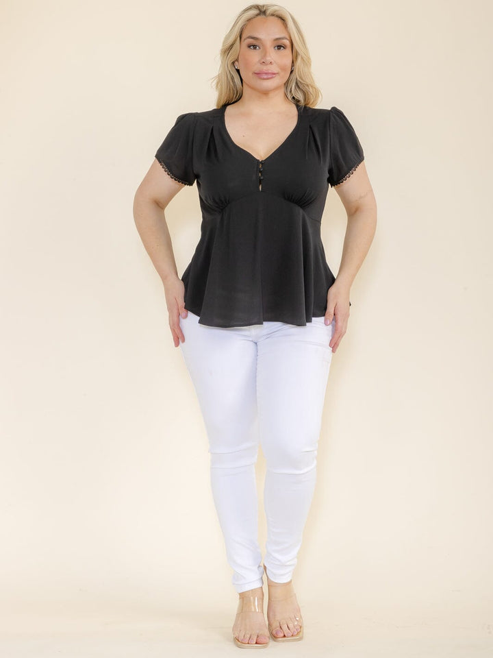 PLUS SIZE SHORT SLEEVE V-NECK BUTTON CLOSURE BLOUSE