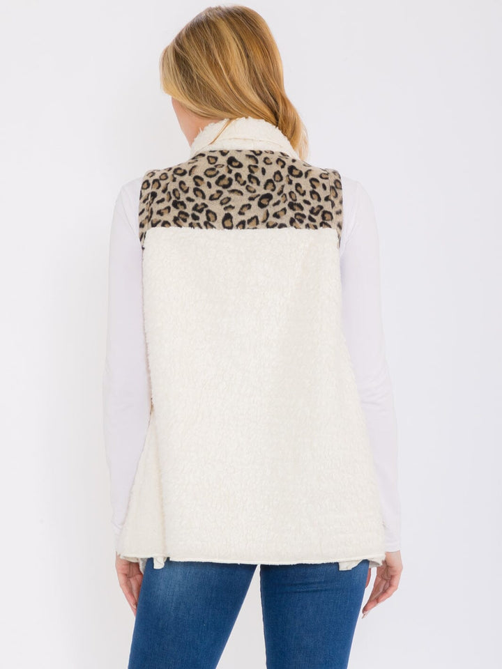 WOMEN'S SLEEVELESS OPEN FRONT POCKETS ANIMAL PRINT SHERPA VEST