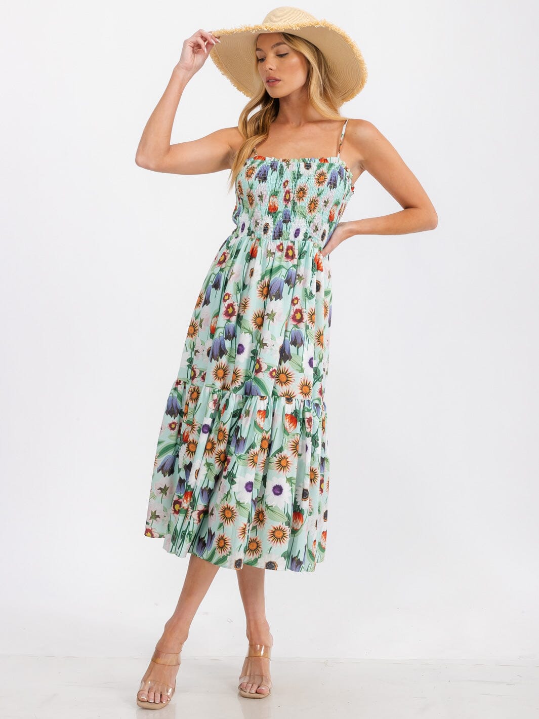 WOMEN'S SLEEVELESS SMOCK TIERED FLORAL PRINT MIDI DRESS