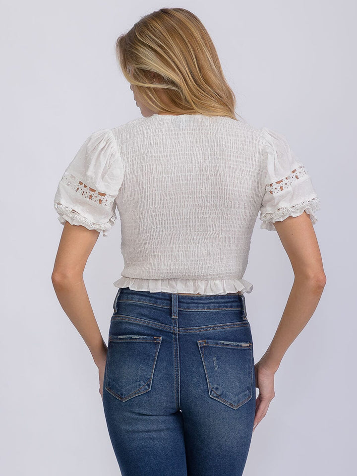 WOMEN'S SHORT PUFF SLEEVE SMOCK CROP TOP