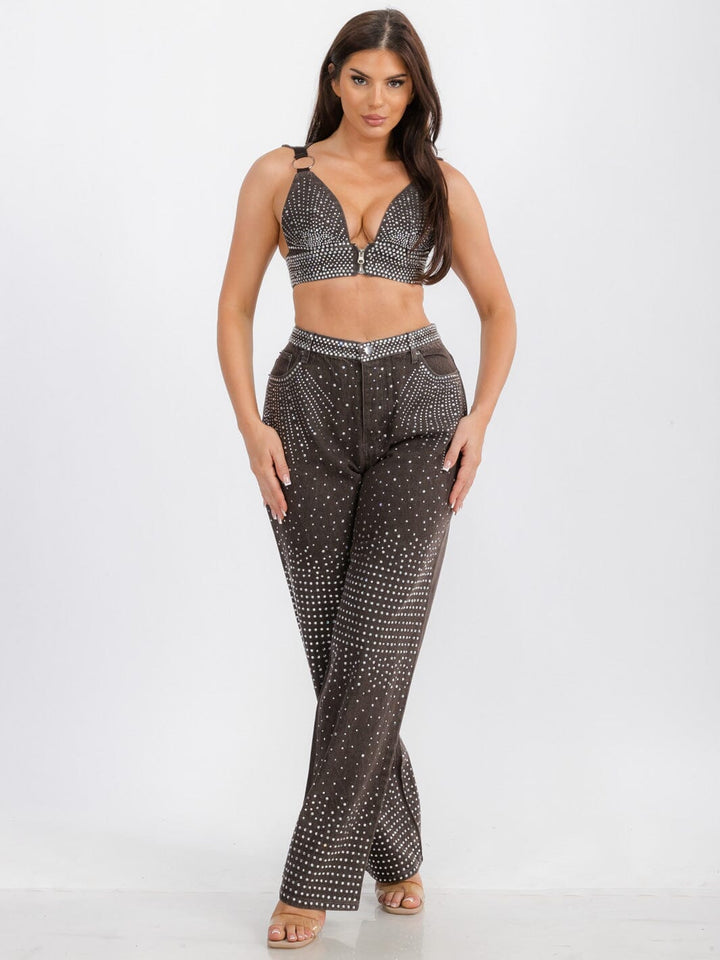 WOMEN'S SLEEVELESS CROP TOP & WIDE LEG PANTS DENIM STUDS DETAILED 2 PC. SET