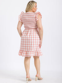 PLUS SIZE RUFFLE SLEEVE V-NECK SMOCK PLAID MINI DRESS