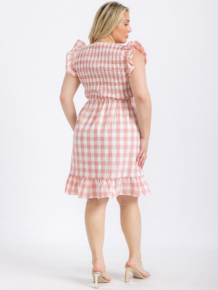 PLUS SIZE RUFFLE SLEEVE V-NECK SMOCK PLAID MINI DRESS