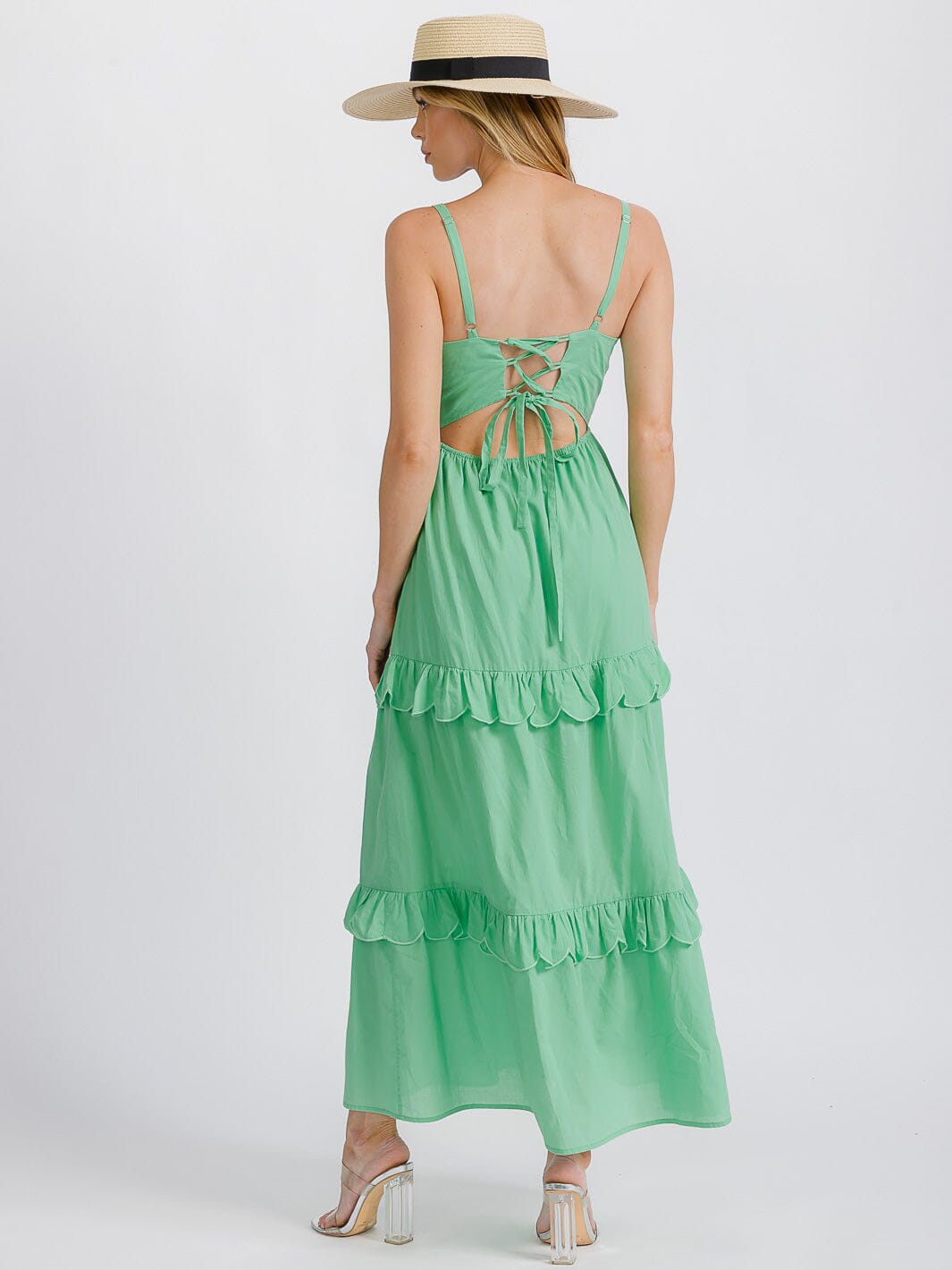 WOMEN'S SLEEVELESS BUTTON DETAILED TIERED RUFFLE OPEN BACK MAXI DRESS