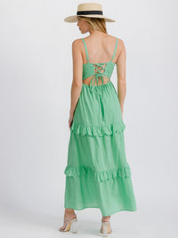 WOMEN'S SLEEVELESS BUTTON DETAILED TIERED RUFFLE OPEN BACK MAXI DRESS