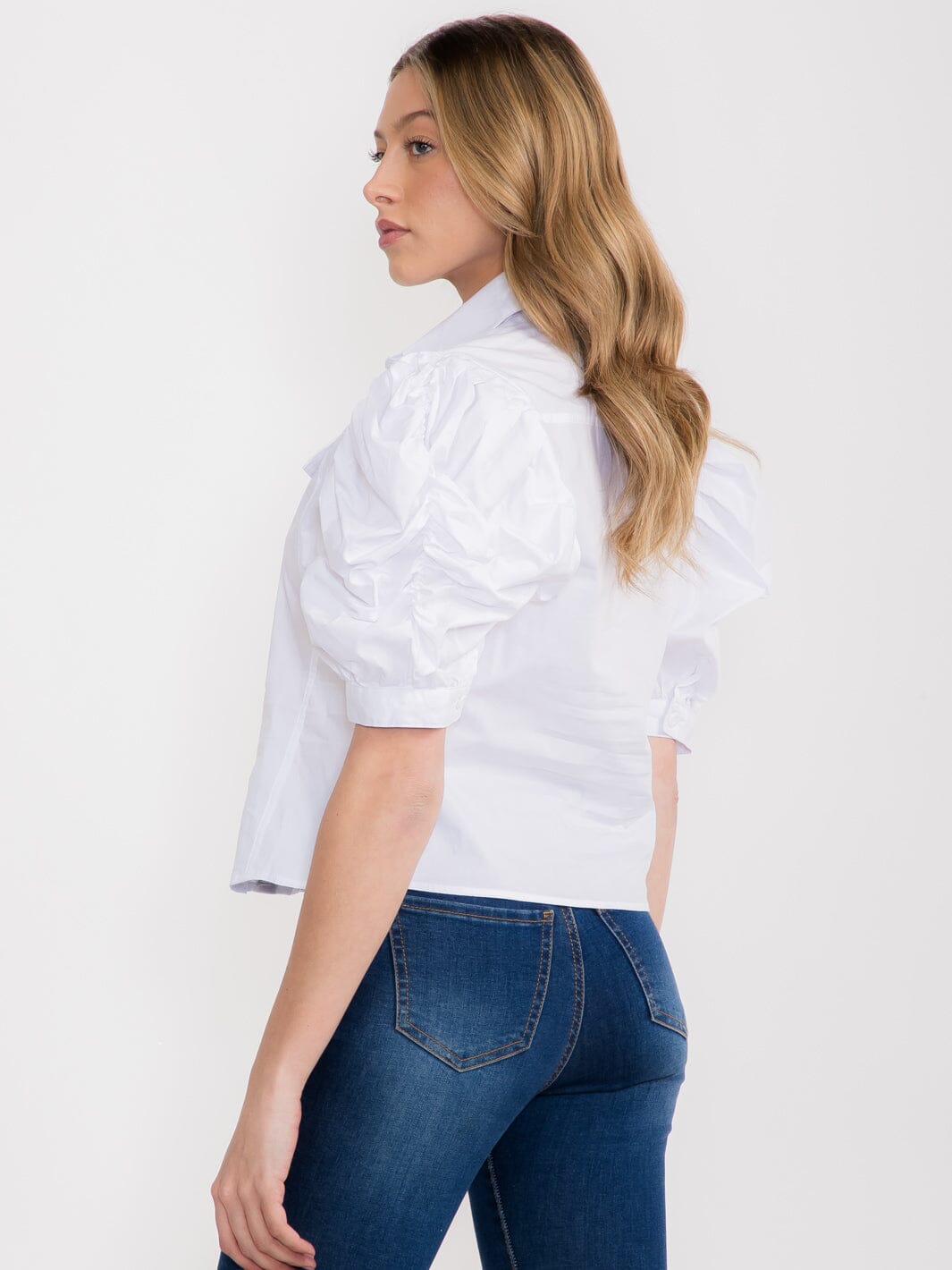 WOMEN'S SHORT PUFF SLEEVE BUTTON UP DENIM BLOUSE