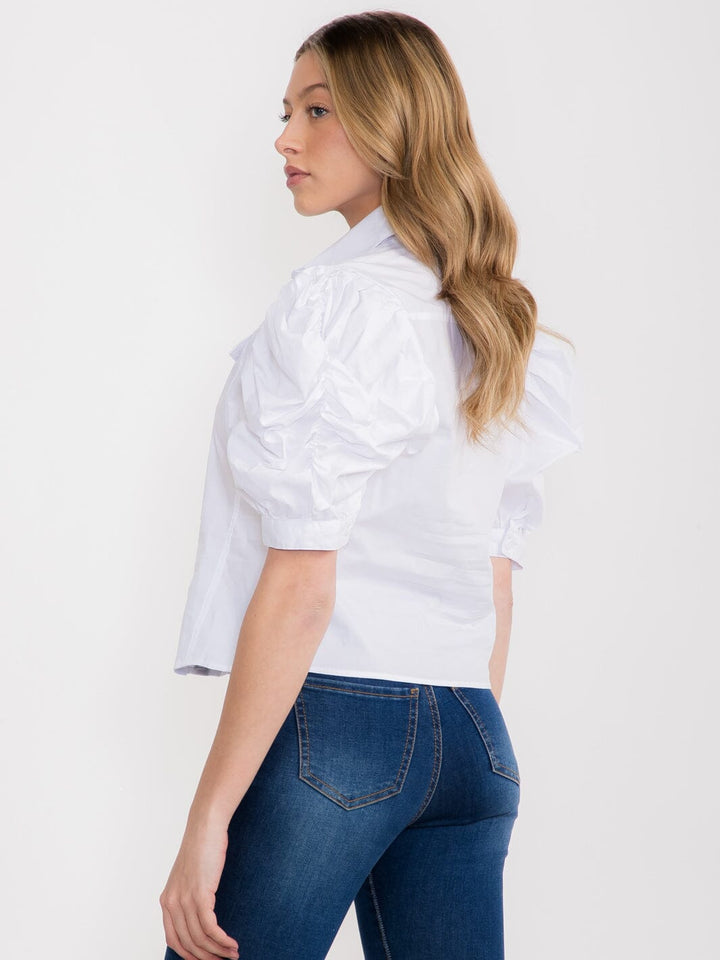 WOMEN'S SHORT PUFF SLEEVE BUTTON UP DENIM BLOUSE