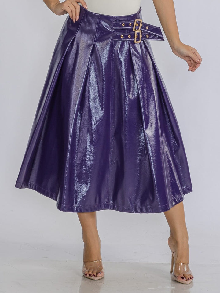 WOMEN'S ZIP UP FRONT BELT DETAILED PU PLEATHER MIDI SKIRT
