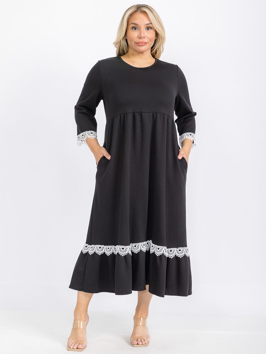 PLUS SIZE 3/4 SLEEVE FRONT POCKETS CROCHET TRIM MAXI DRESS