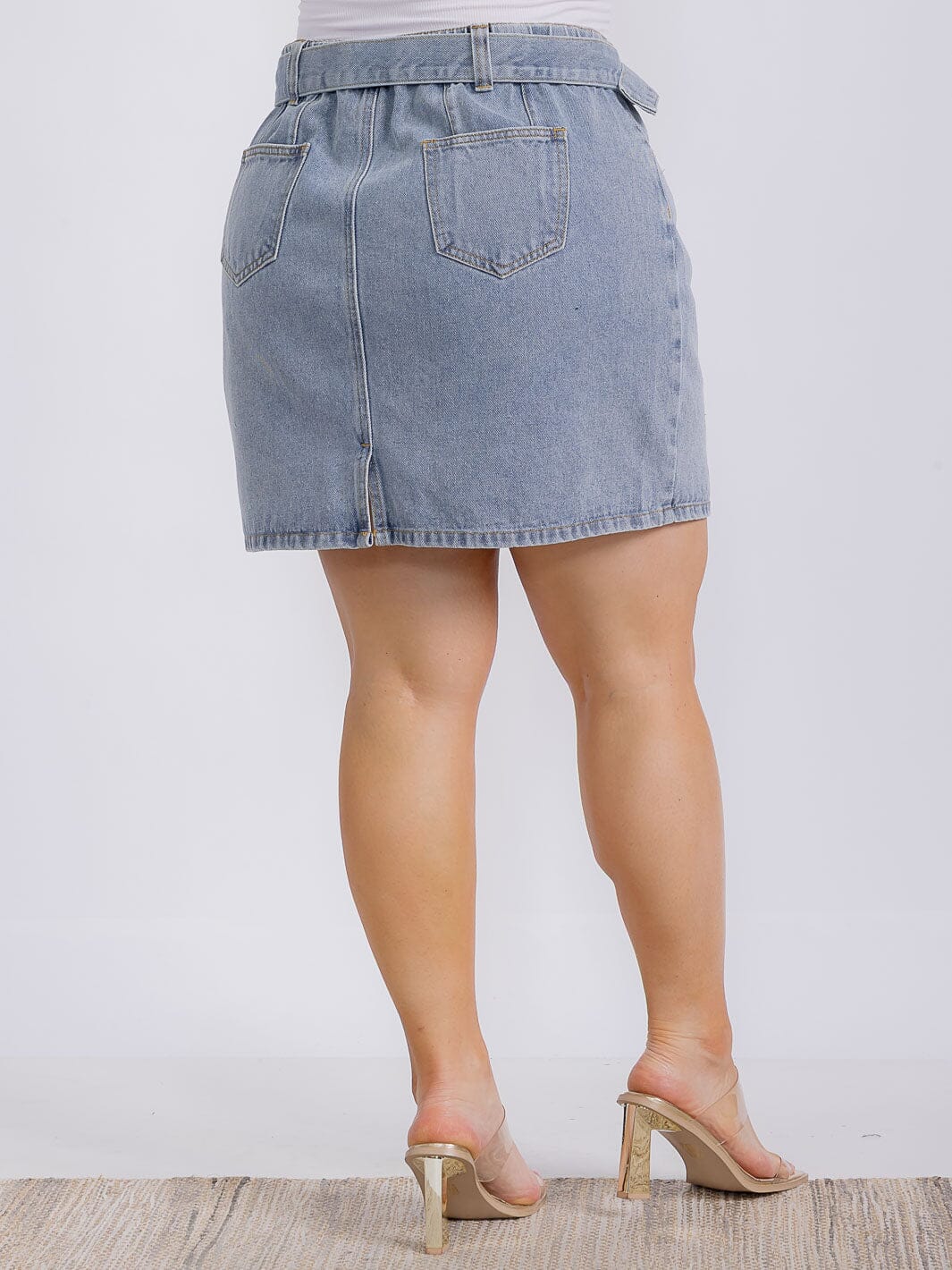 PLUS SIZE ELASTIC WAIST BELTED DENIM MININ SKIRT