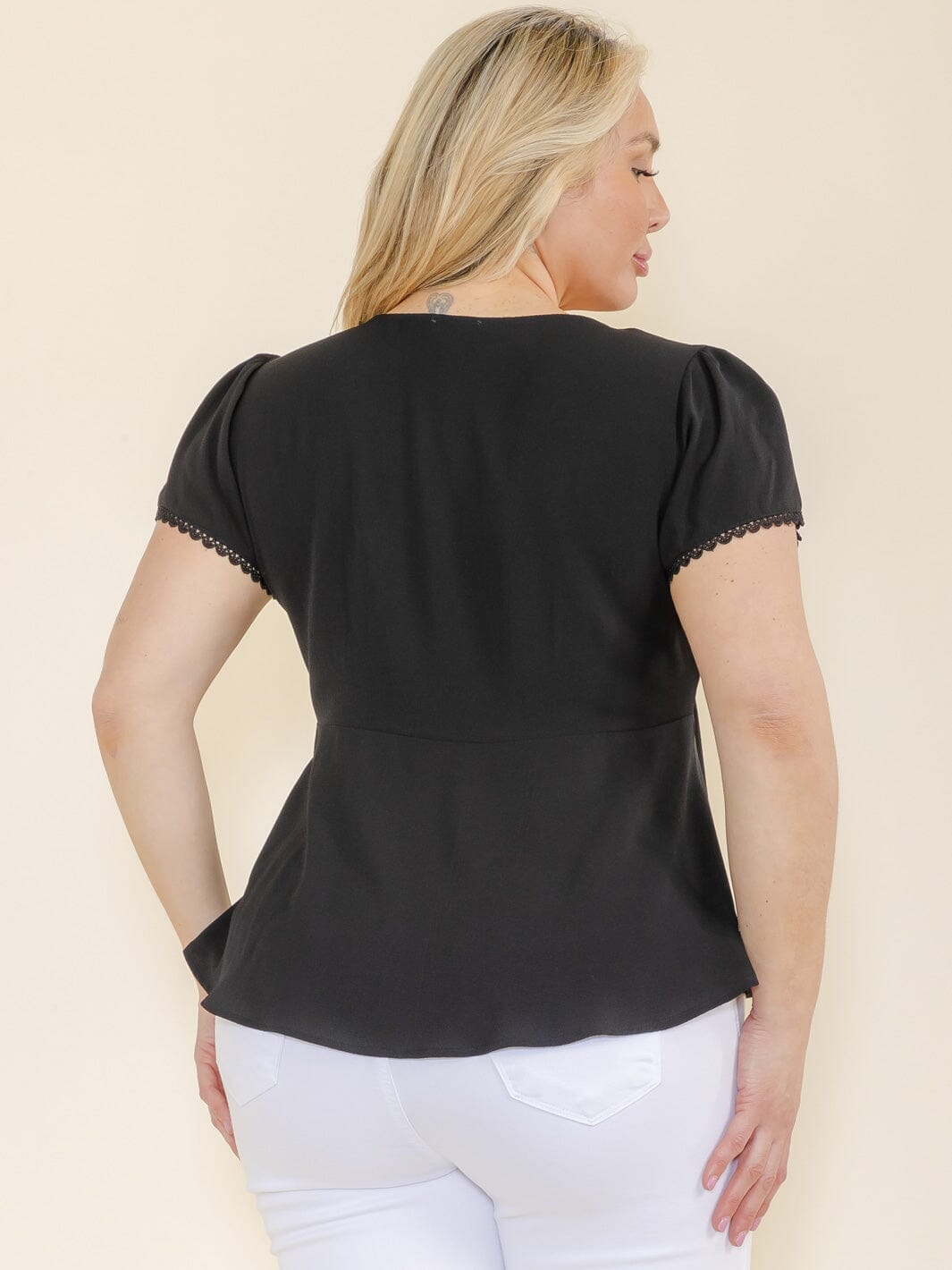 PLUS SIZE SHORT SLEEVE V-NECK BUTTON CLOSURE BLOUSE