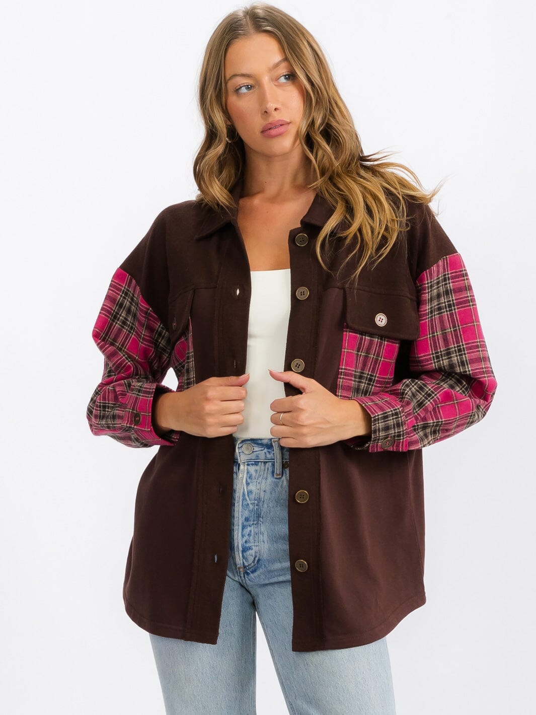 WOMEN'S LONG SLEEVE BUTTON UP FRONT POCKETS PLAID CONTRAST SHIRT TOP