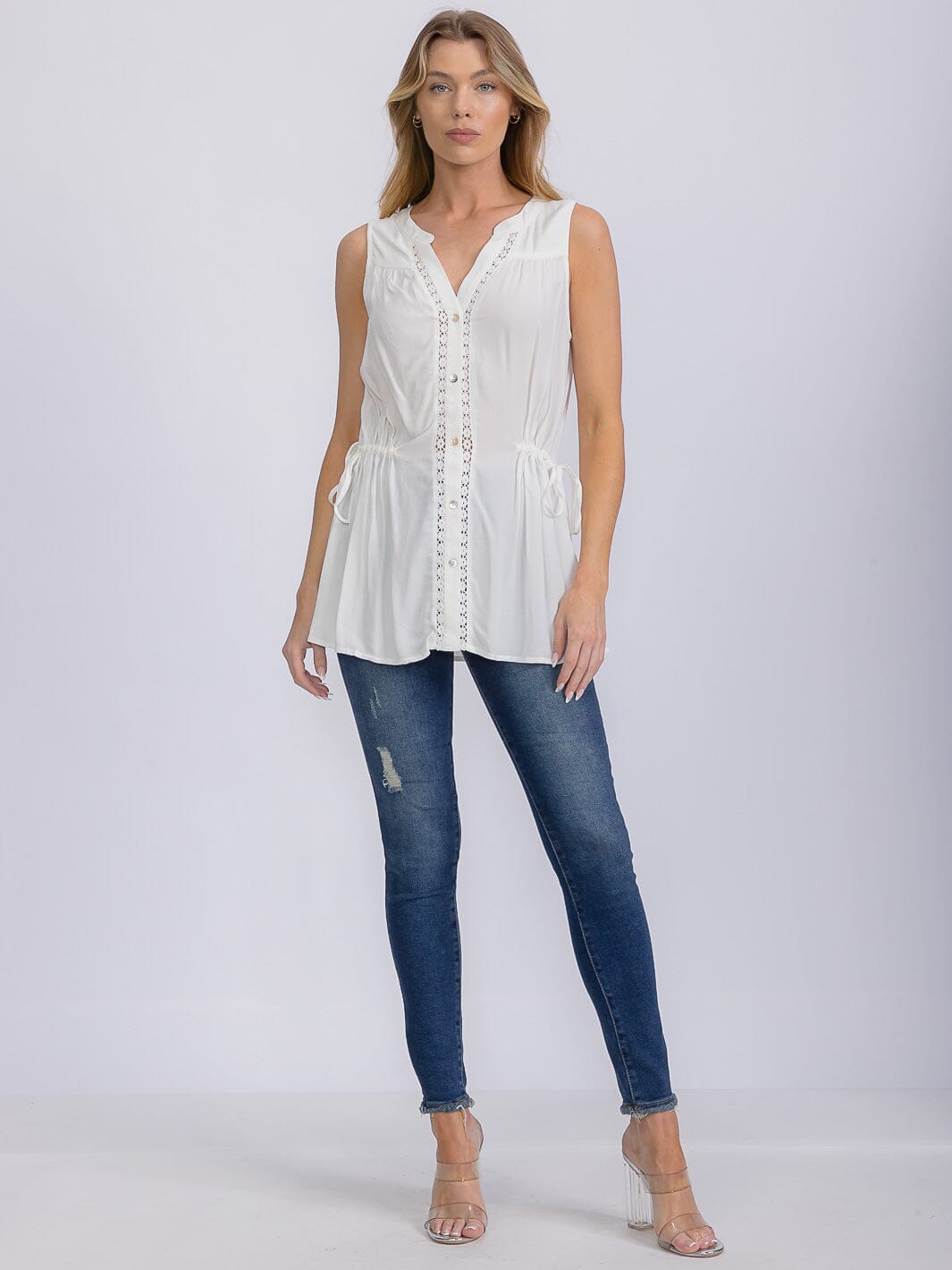 WOMEN'S SLEEVELESS BUTTON UP ADJUSTABLE WAIST TANK TOP