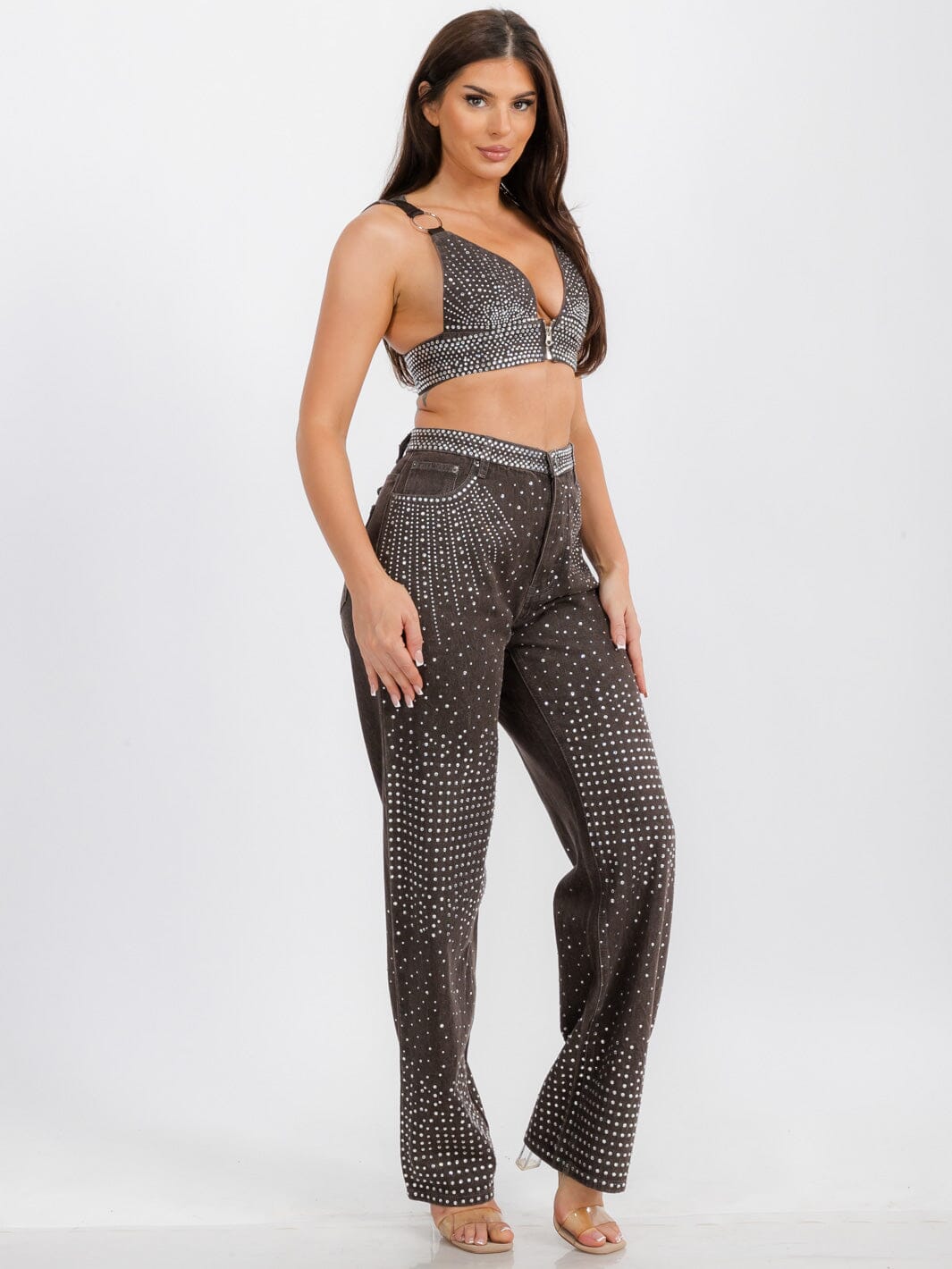 WOMEN'S SLEEVELESS CROP TOP & WIDE LEG PANTS DENIM STUDS DETAILED 2 PC. SET