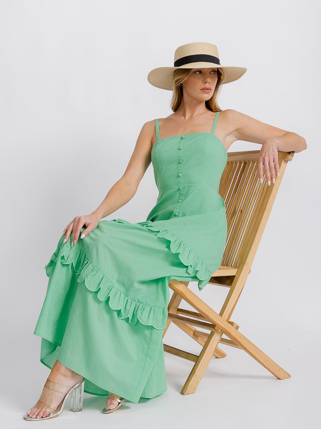 WOMEN'S SLEEVELESS BUTTON DETAILED TIERED RUFFLE OPEN BACK MAXI DRESS