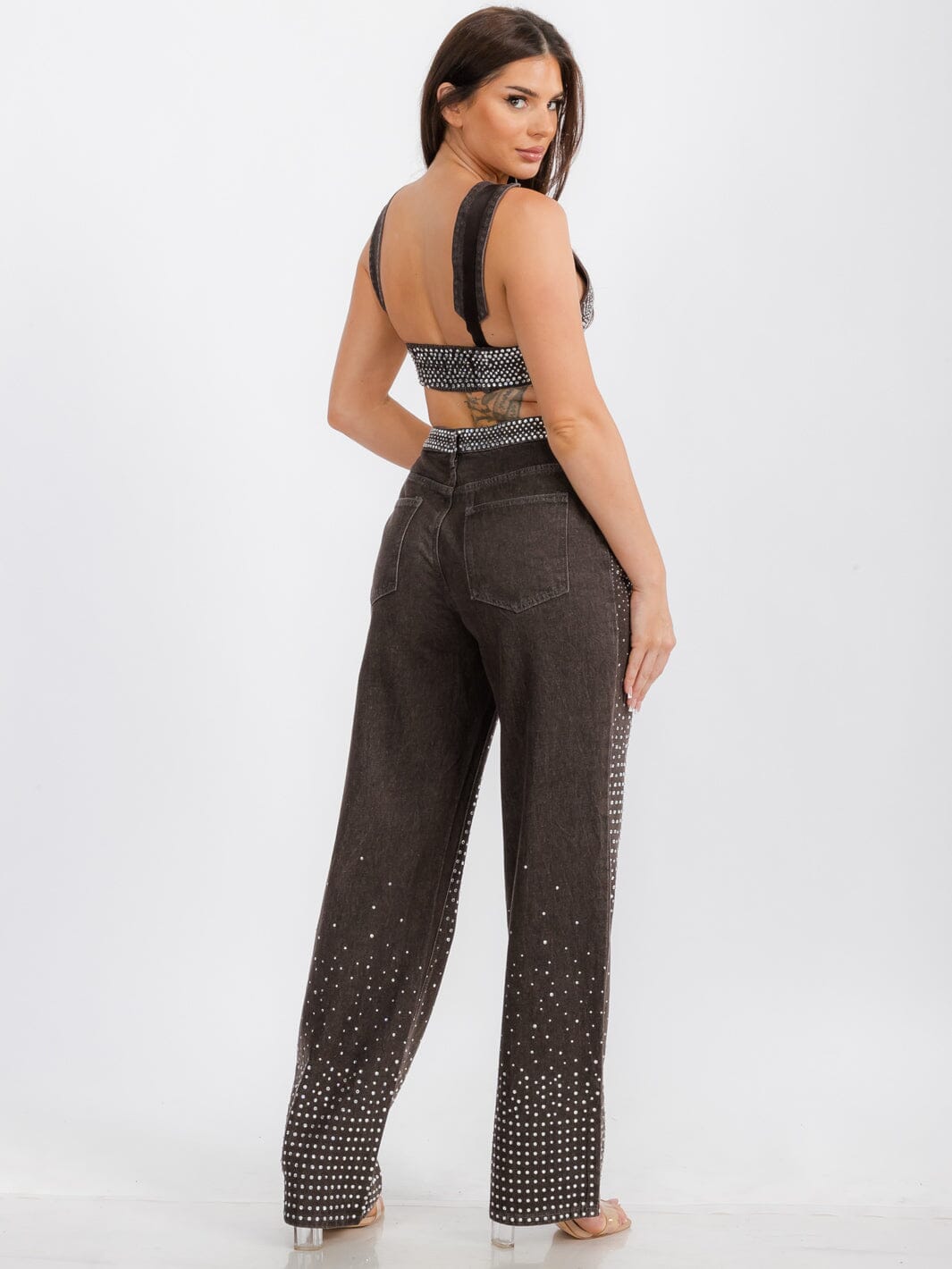 WOMEN'S SLEEVELESS CROP TOP & WIDE LEG PANTS DENIM STUDS DETAILED 2 PC. SET
