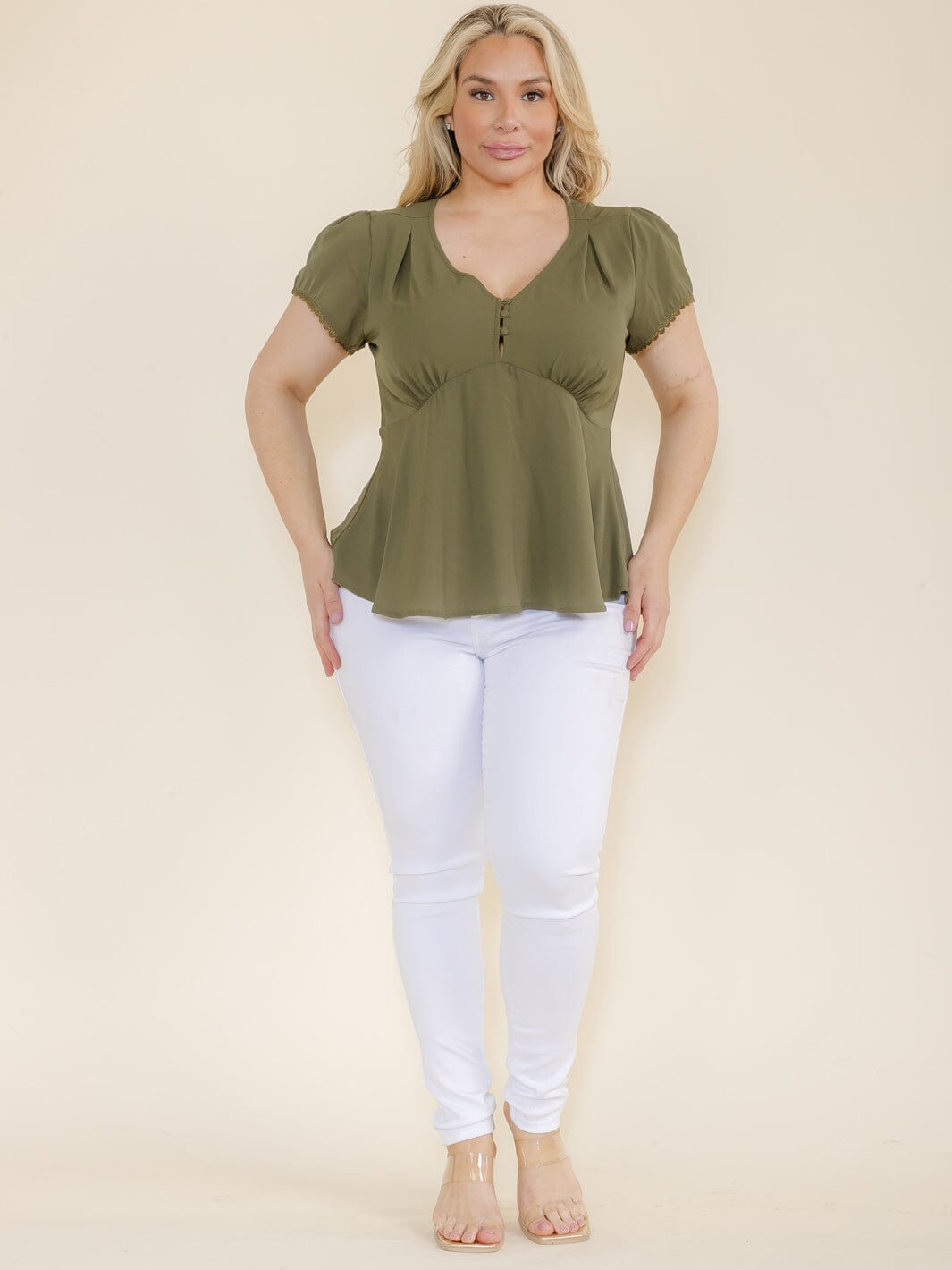 PLUS SIZE SHORT SLEEVE V-NECK BUTTON CLOSURE BLOUSE