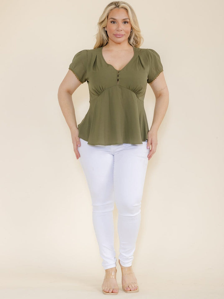 PLUS SIZE SHORT SLEEVE V-NECK BUTTON CLOSURE BLOUSE