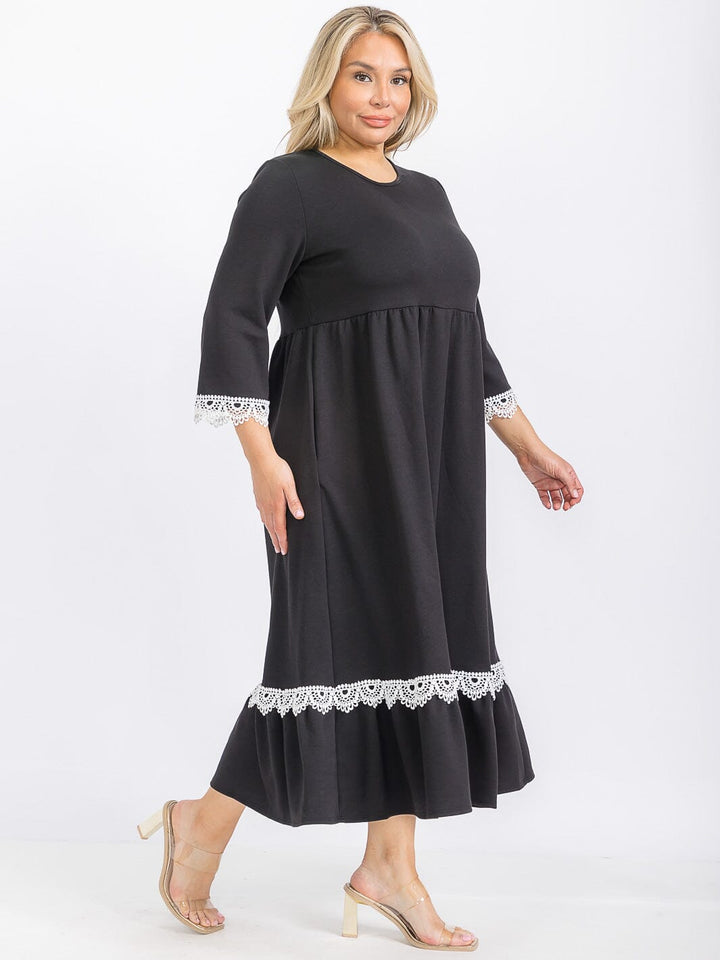 PLUS SIZE 3/4 SLEEVE FRONT POCKETS CROCHET TRIM MAXI DRESS