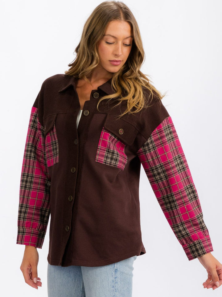WOMEN'S LONG SLEEVE BUTTON UP FRONT POCKETS PLAID CONTRAST SHIRT TOP