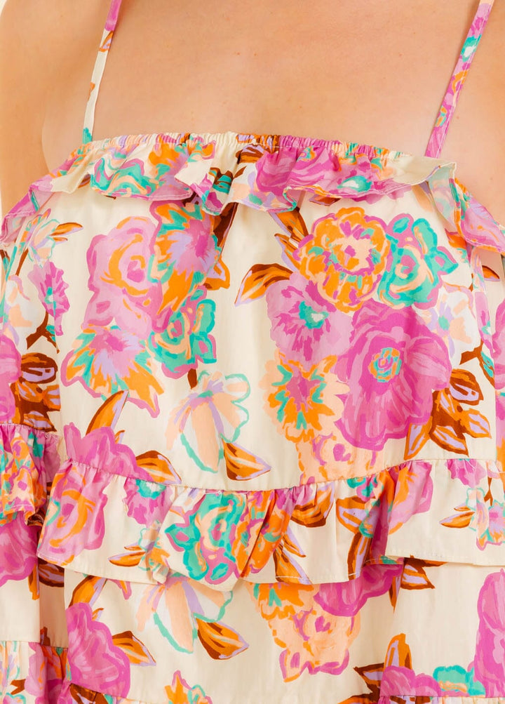WOMEN'S SLEEVELESS RUFFLE TIERED FLORAL TUNIC MINI DRESS