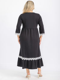PLUS SIZE 3/4 SLEEVE FRONT POCKETS CROCHET TRIM MAXI DRESS
