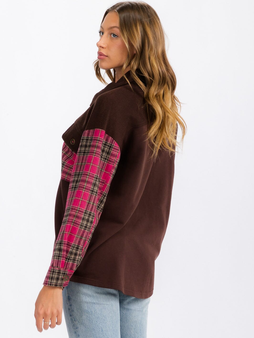 WOMEN'S LONG SLEEVE BUTTON UP FRONT POCKETS PLAID CONTRAST SHIRT TOP