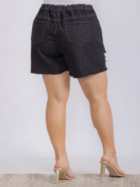 PLUS SIZE ELASTIC WAIST DISTRESSED DENIM SHORT