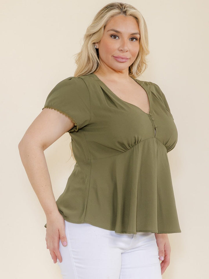 PLUS SIZE SHORT SLEEVE V-NECK BUTTON CLOSURE BLOUSE