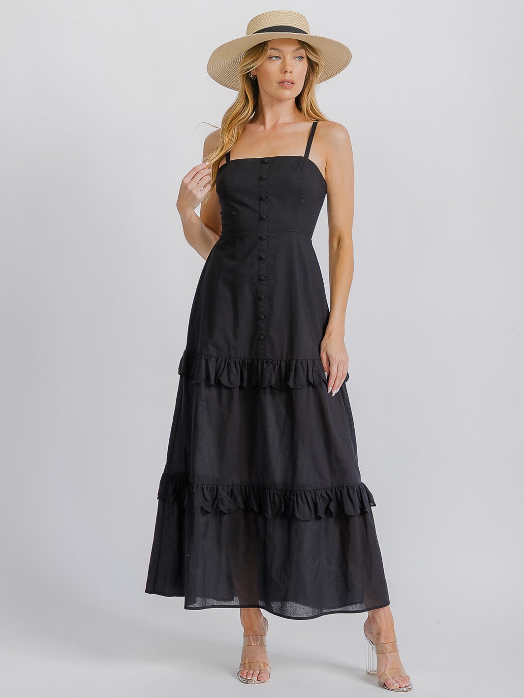 WOMEN'S SLEEVELESS BUTTON DETAILED TIERED RUFFLE OPEN BACK MAXI DRESS
