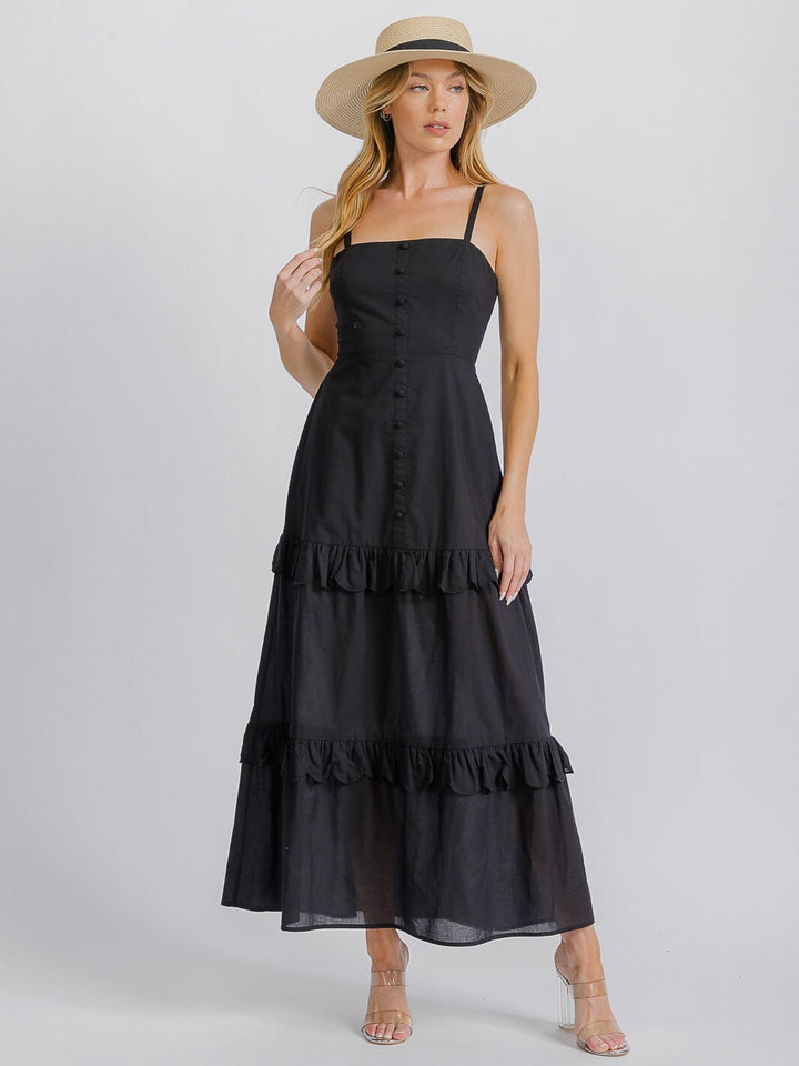 WOMEN'S SLEEVELESS BUTTON DETAILED TIERED RUFFLE OPEN BACK MAXI DRESS