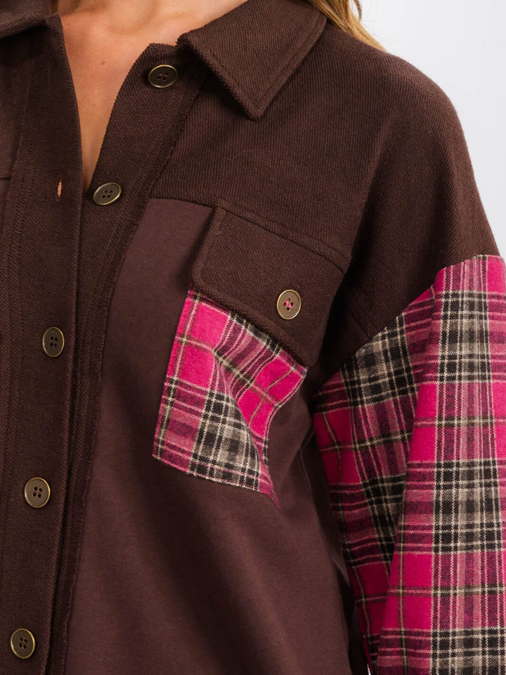 WOMEN'S LONG SLEEVE BUTTON UP FRONT POCKETS PLAID CONTRAST SHIRT TOP