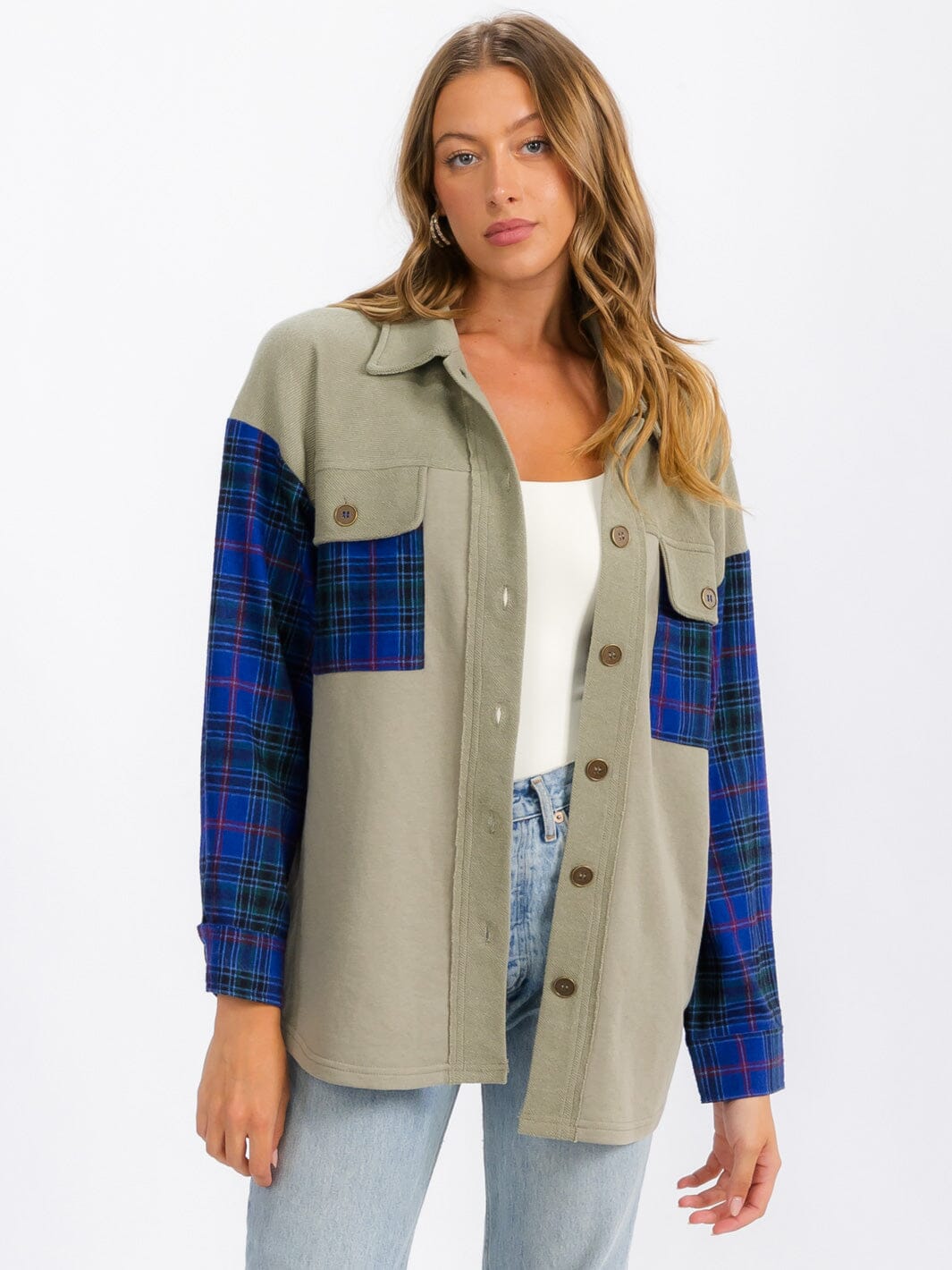 WOMEN'S LONG SLEEVE BUTTON UP FRONT POCKETS PLAID CONTRAST SHIRT TOP