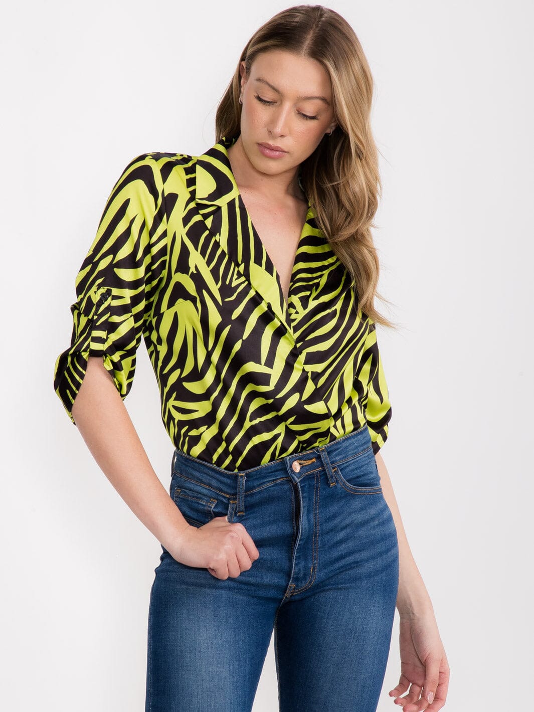 WOMEN'S 3/4 SLEEVE SURPLICE MULTI PRINT BODYSUIT