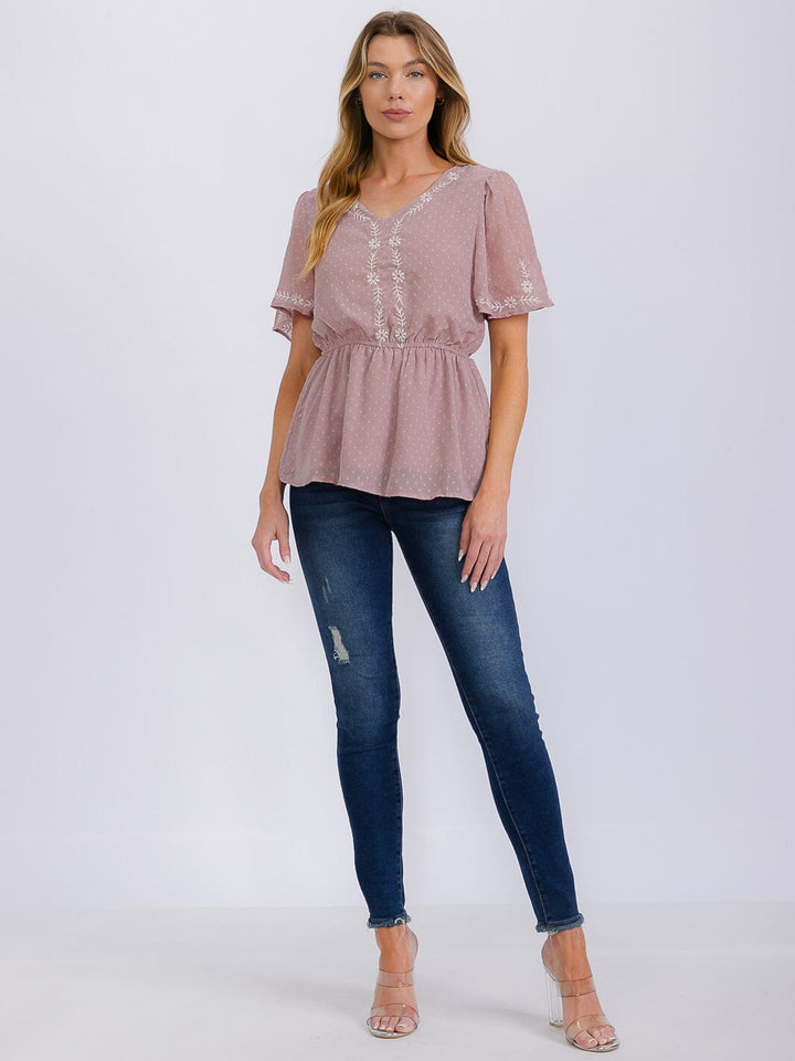 WOMEN'S SHORT SLEEVE V-NECK EMBROIDERY SWISS DETAILED BLOUSE