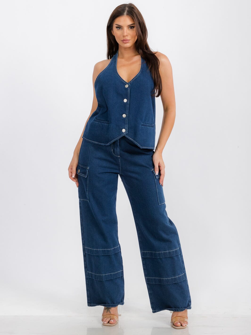 WOMEN'S SLEEVELESS TOP & BUTTON CLOSURE PANTS DENIM 2PC.SET