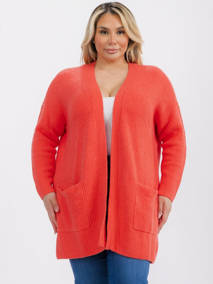 PLUS SIZE LONG SLEEVE OPEN FRONT POCKETS CARDIGAN