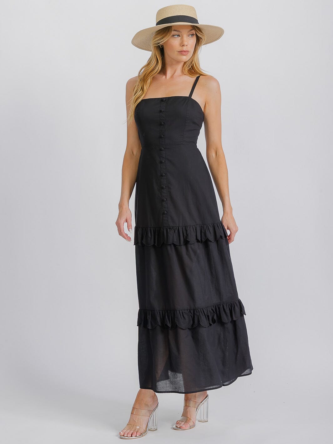 WOMEN'S SLEEVELESS BUTTON DETAILED TIERED RUFFLE OPEN BACK MAXI DRESS