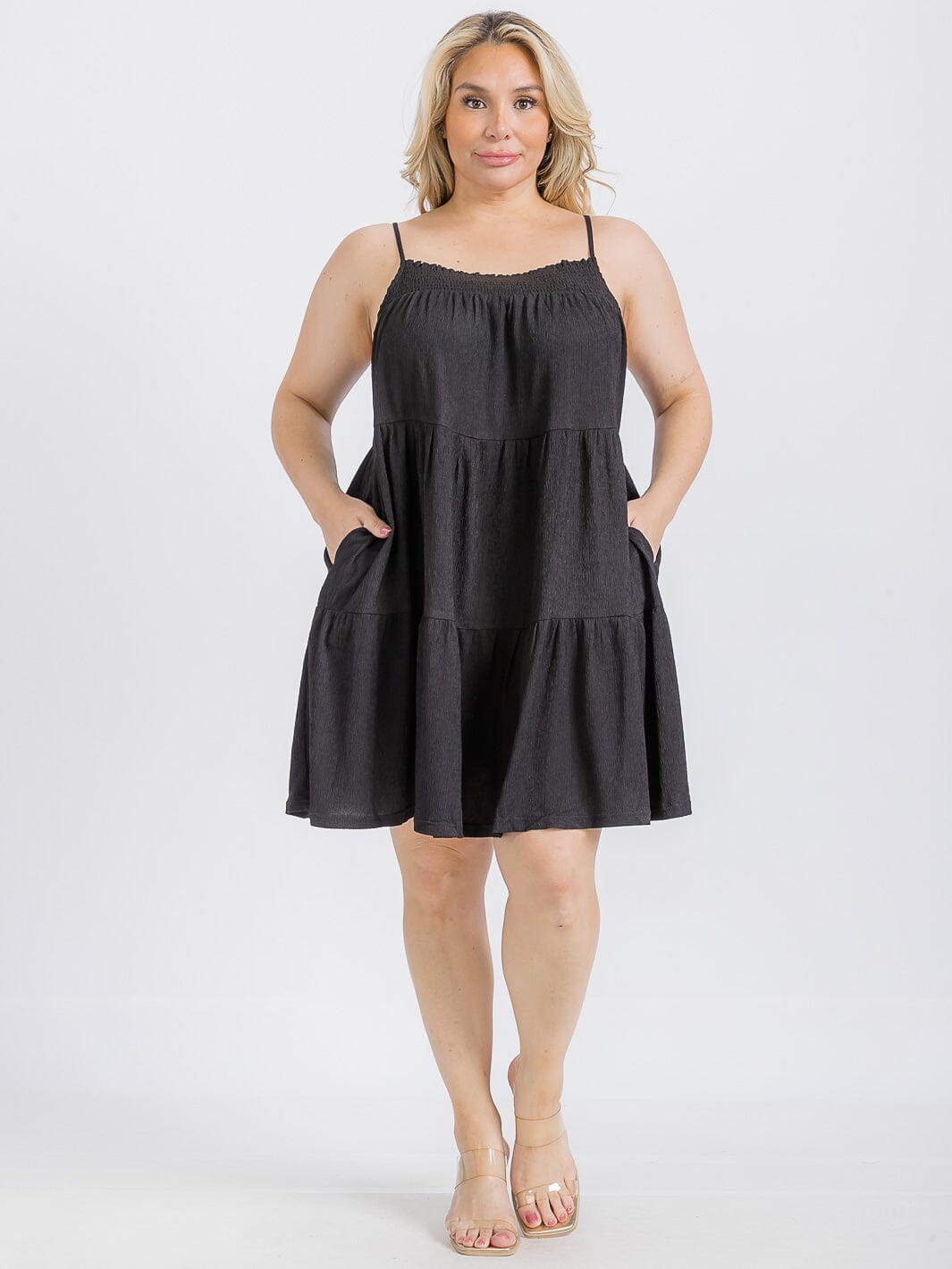 PLUS SIZE SLEEVELESS FRONT POCKETS TIERED TUNIC MINI DRESS