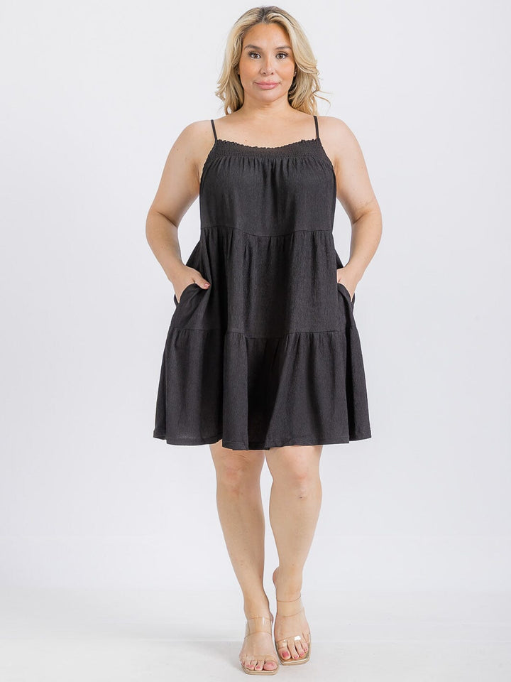 PLUS SIZE SLEEVELESS FRONT POCKETS TIERED TUNIC MINI DRESS