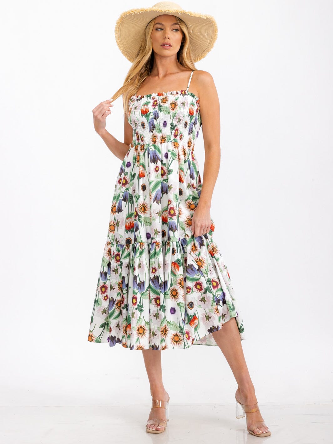 WOMEN'S SLEEVELESS SMOCK TIERED FLORAL PRINT MIDI DRESS