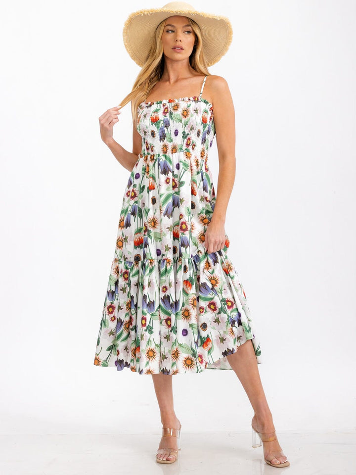 WOMEN'S SLEEVELESS SMOCK TIERED FLORAL PRINT MIDI DRESS