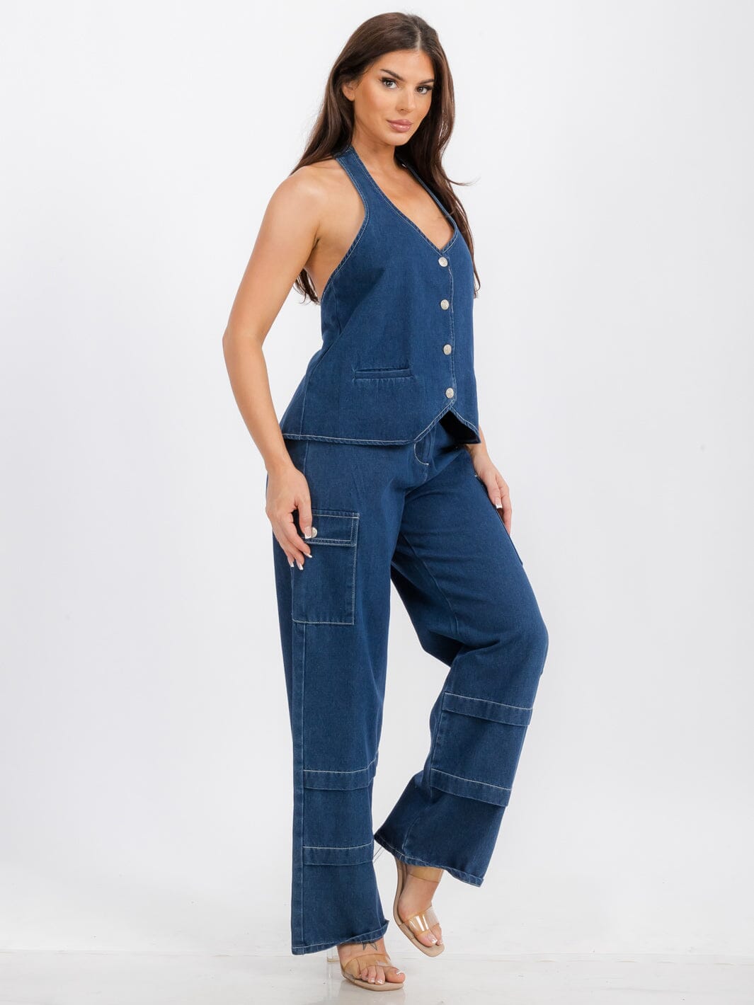 WOMEN'S SLEEVELESS TOP & BUTTON CLOSURE PANTS DENIM 2PC.SET
