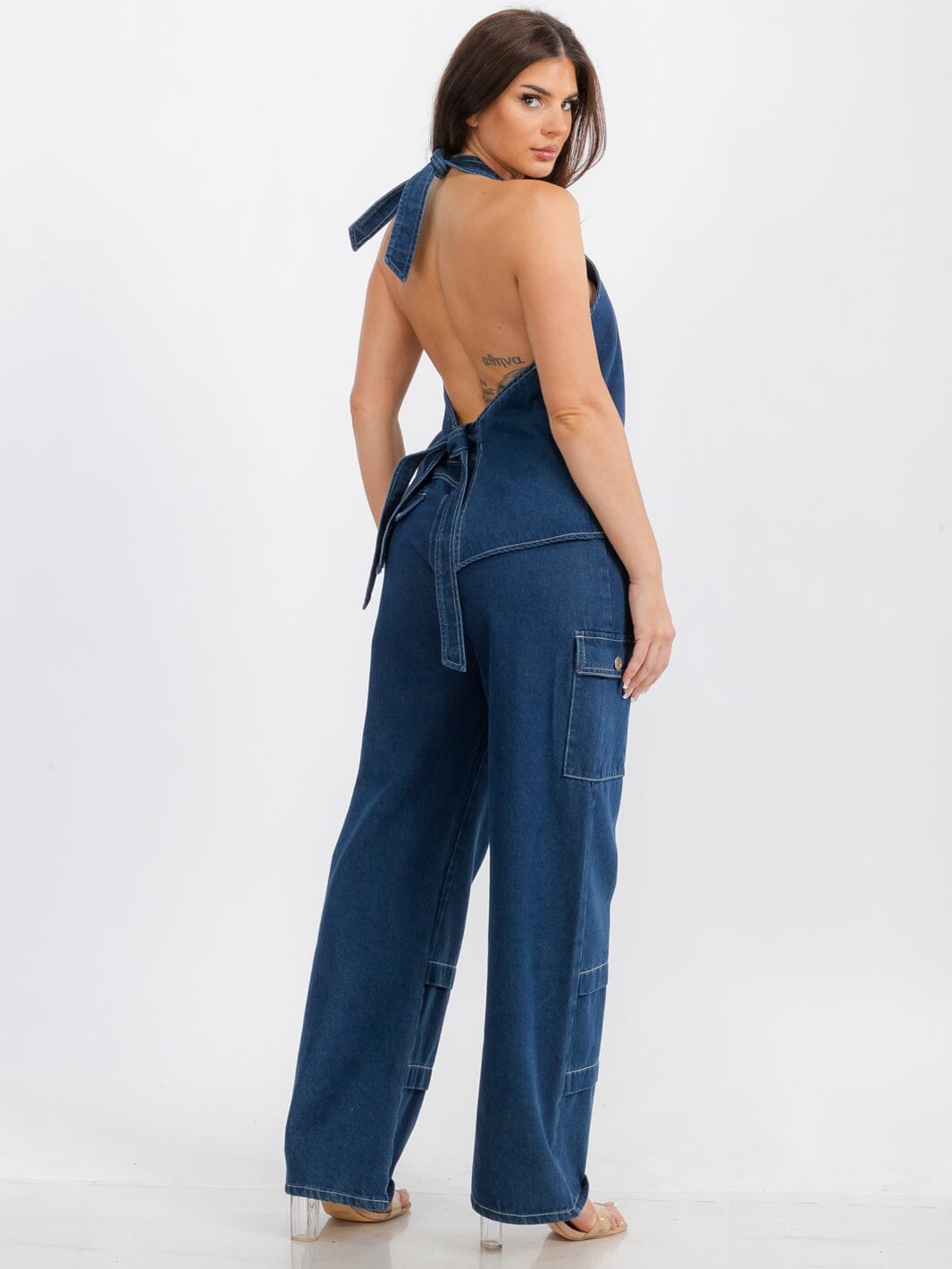 WOMEN'S SLEEVELESS TOP & BUTTON CLOSURE PANTS DENIM 2PC.SET