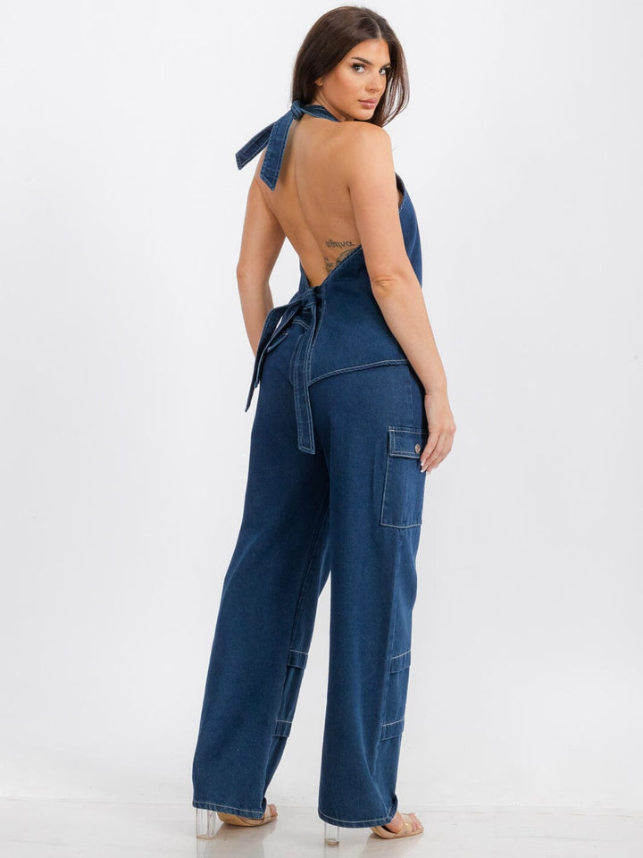 WOMEN'S SLEEVELESS TOP & BUTTON CLOSURE PANTS DENIM 2PC.SET