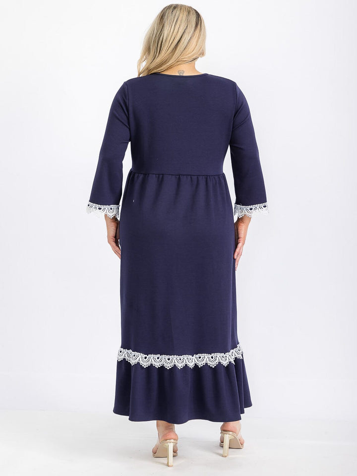 PLUS SIZE 3/4 SLEEVE FRONT POCKETS CROCHET TRIM MAXI DRESS