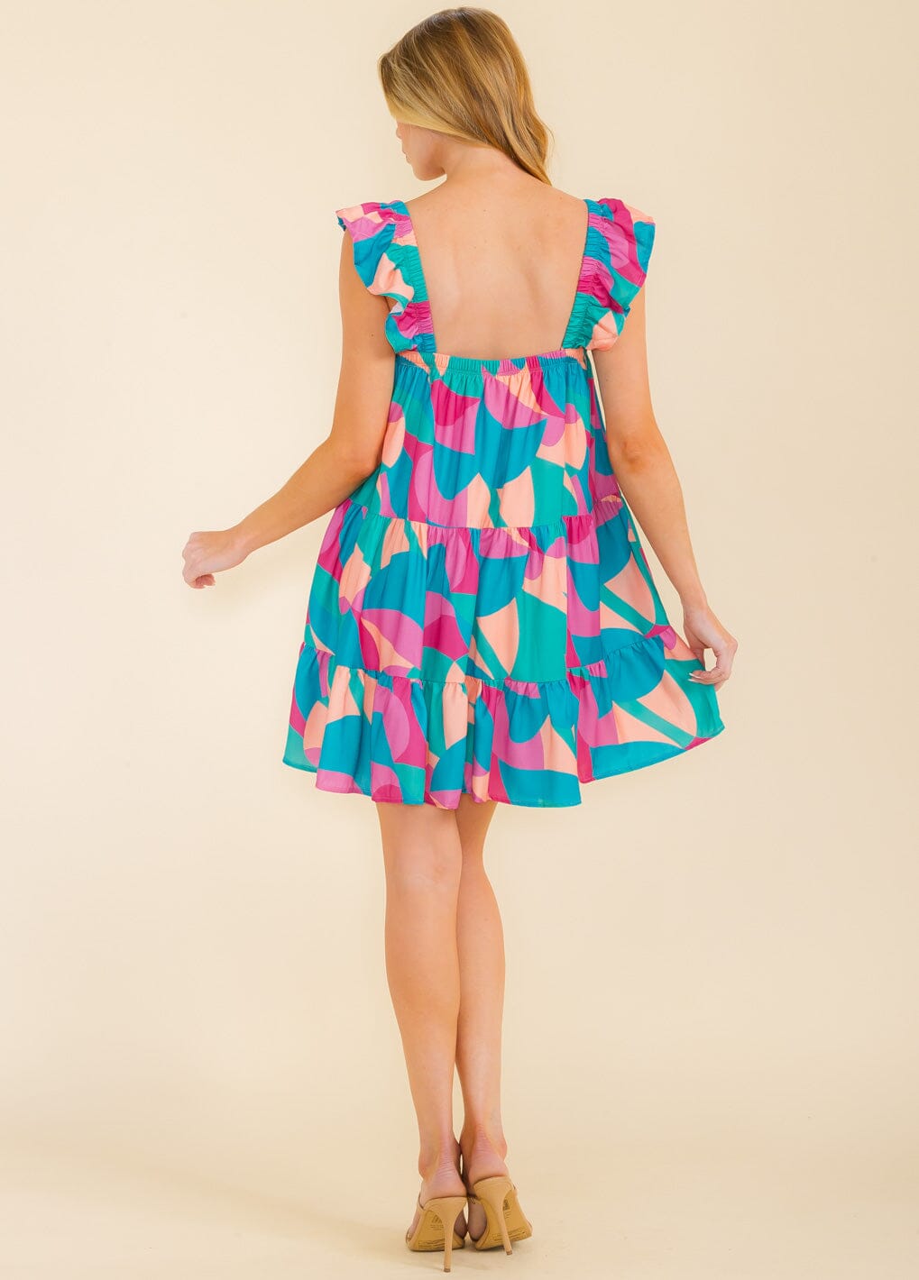 WOMEN'S SLEEVELESS SQUARE NECK MULTI PRINT TUNIC MINI DRESS