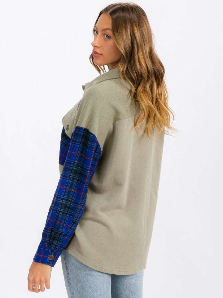 WOMEN'S LONG SLEEVE BUTTON UP FRONT POCKETS PLAID CONTRAST SHIRT TOP