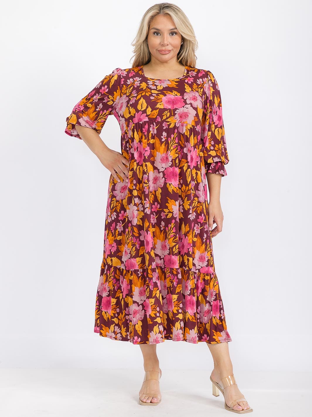 PLUS SIZE 3/4 SLEEVE FRONT POCKETS FLORAL TIERED MAXI DRESS