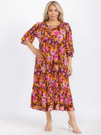 PLUS SIZE 3/4 SLEEVE FRONT POCKETS FLORAL TIERED MAXI DRESS